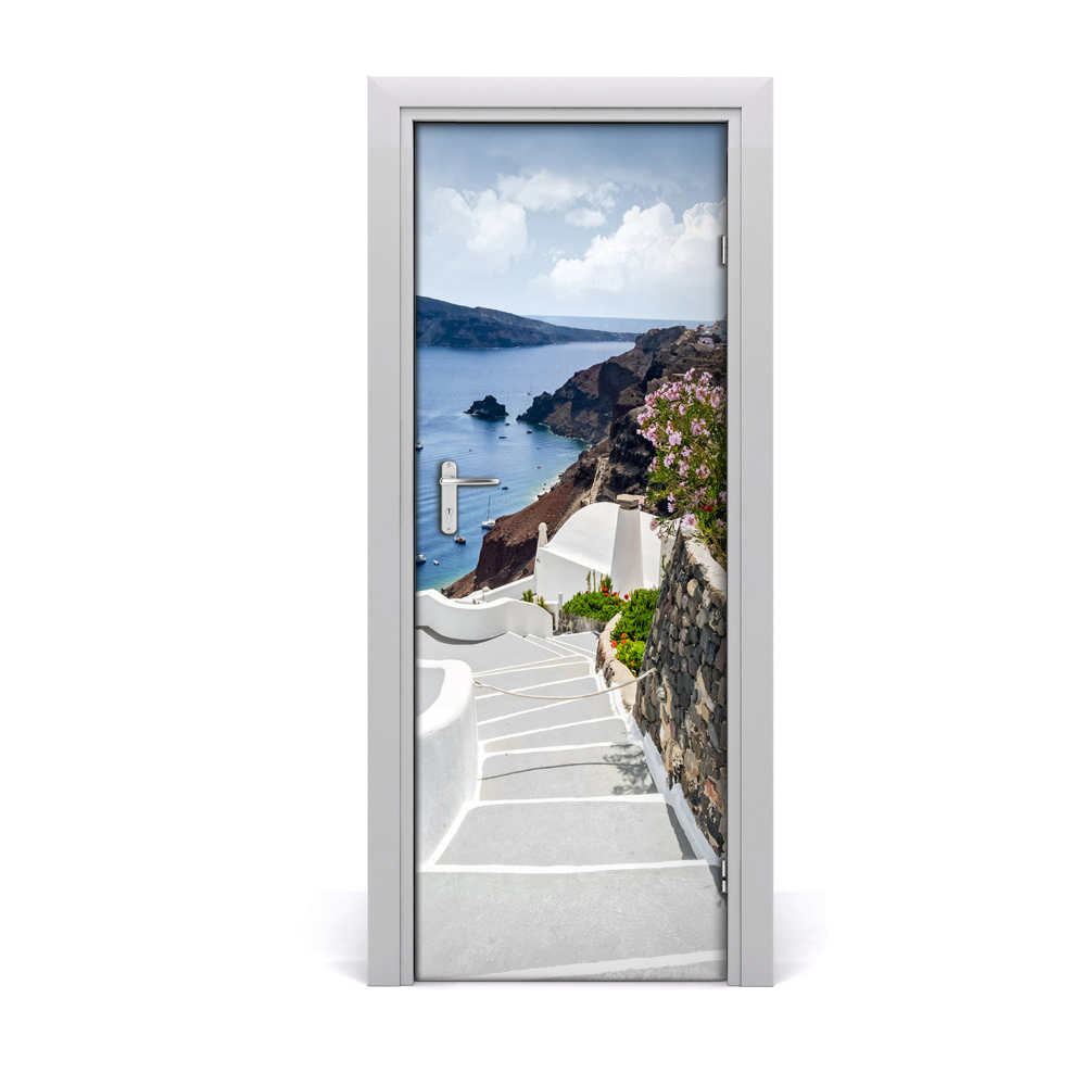 Poster porte Santorin escalier blanc