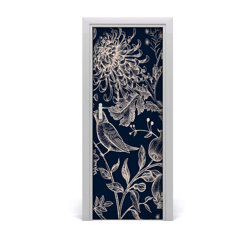 Papier peint porte Dessin de fleurs d'oiseaux
