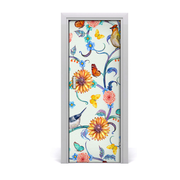 Poster porte Oiseau papillon fleurs