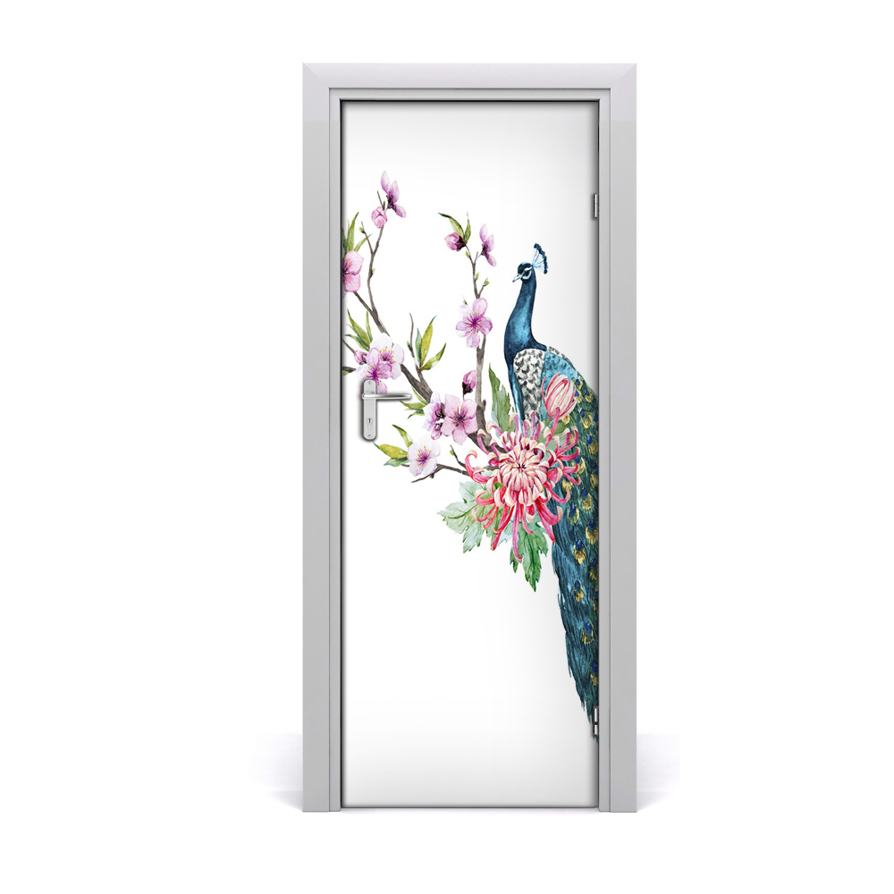 Sticker porte Paon et fleurs