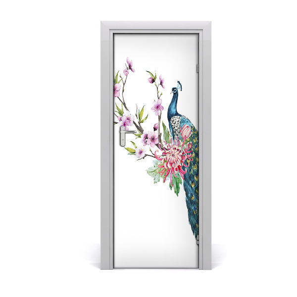 Sticker porte Paon et fleurs