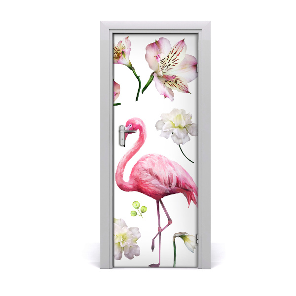 Papier peint porte Flamingo fleurs blanches