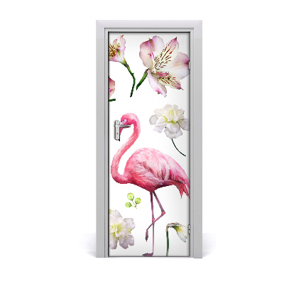 Papier peint porte Flamingo fleurs blanches