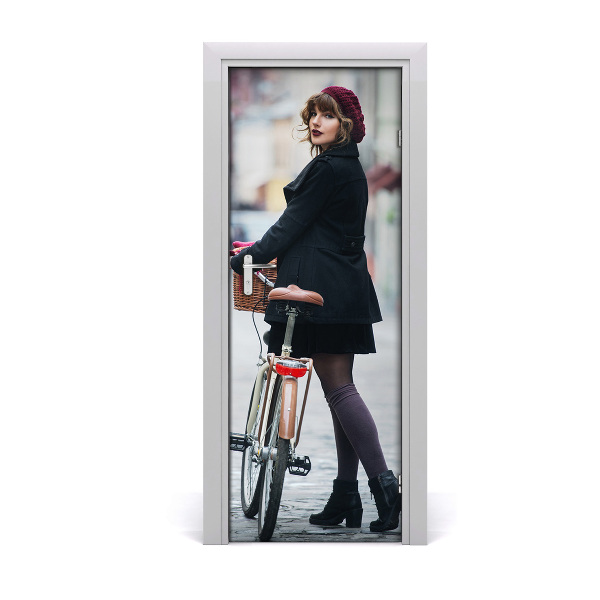 Sticker de porte Femme à béret avec vélo