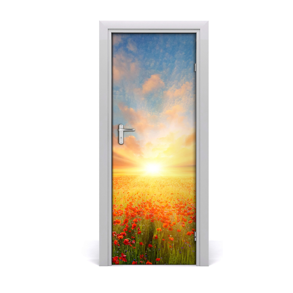 Autocollant porte Champ de coquelicots soleil