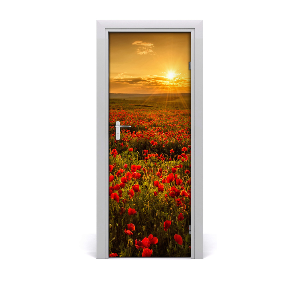 Autocollant porte Champ de coquelicots dans une prairie