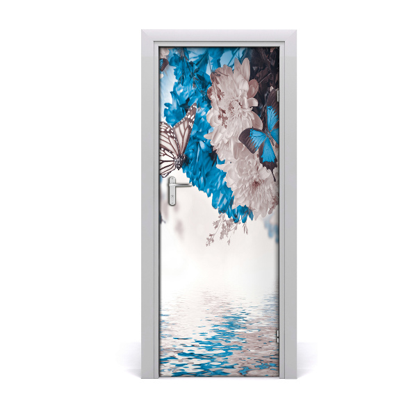 Poster porte Fleurs papillons eau