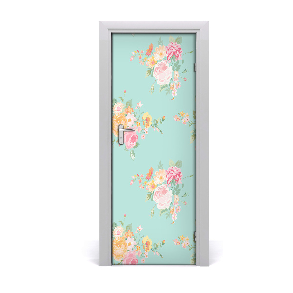 Autocollant porte Motif de fleurs sur fond de menthe