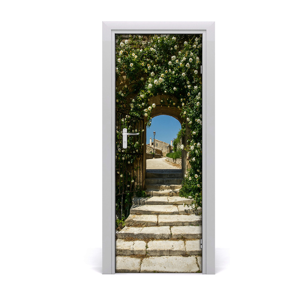 Sticker de porte Arche florale et escalier