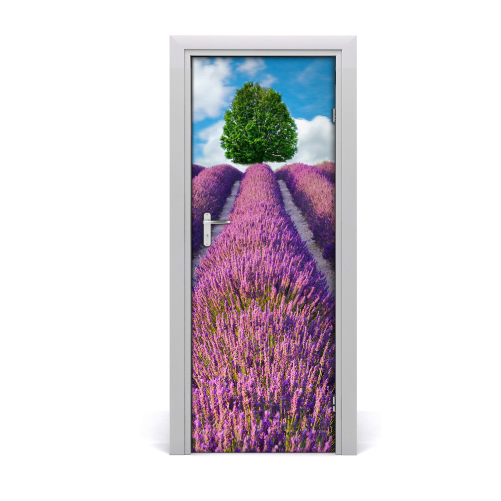 Poster porte Champ de lavande et arbre vert