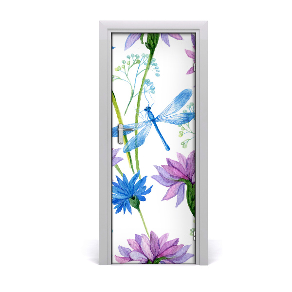 Sticker porte Fleurs et libellule