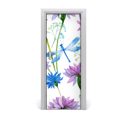Sticker porte Fleurs et libellule