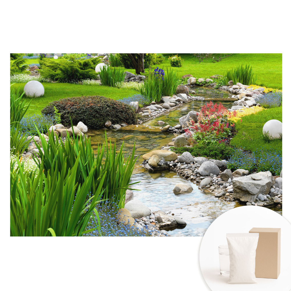 Papier peint photo sur tissu non tissé Jardin verdoyant avec un ruisseau de pierres