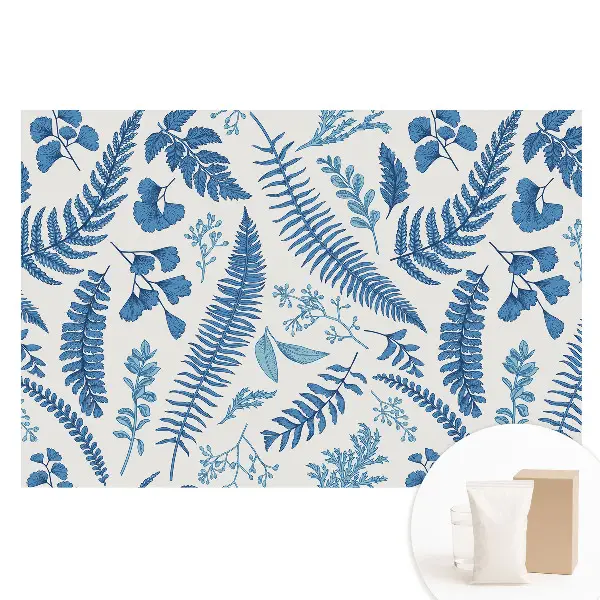 Papier peint photo intissé motif feuilles bleues sur fond blanc