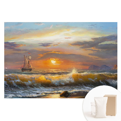 Papier peint photographique sur tissu non tissé Un voilier en mer au coucher du soleil