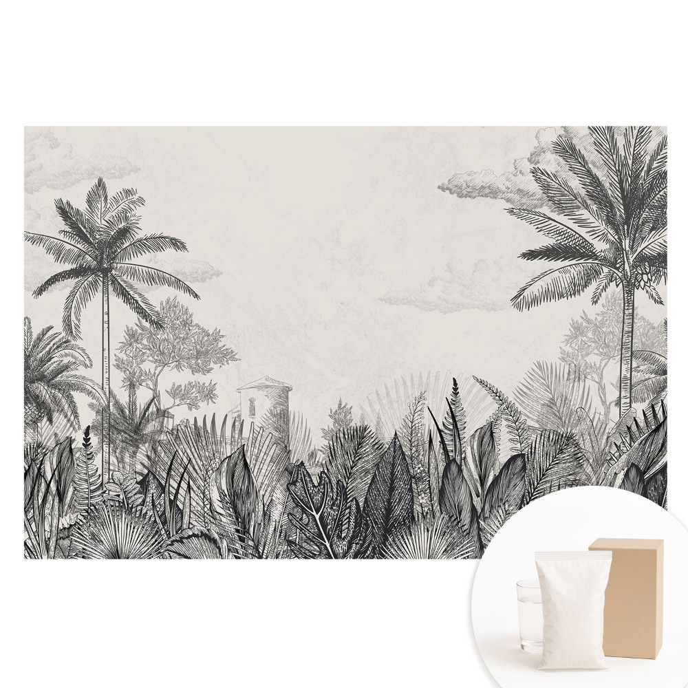 Papier peint intissé palmiers exotiques et bâtiment mystérieux
