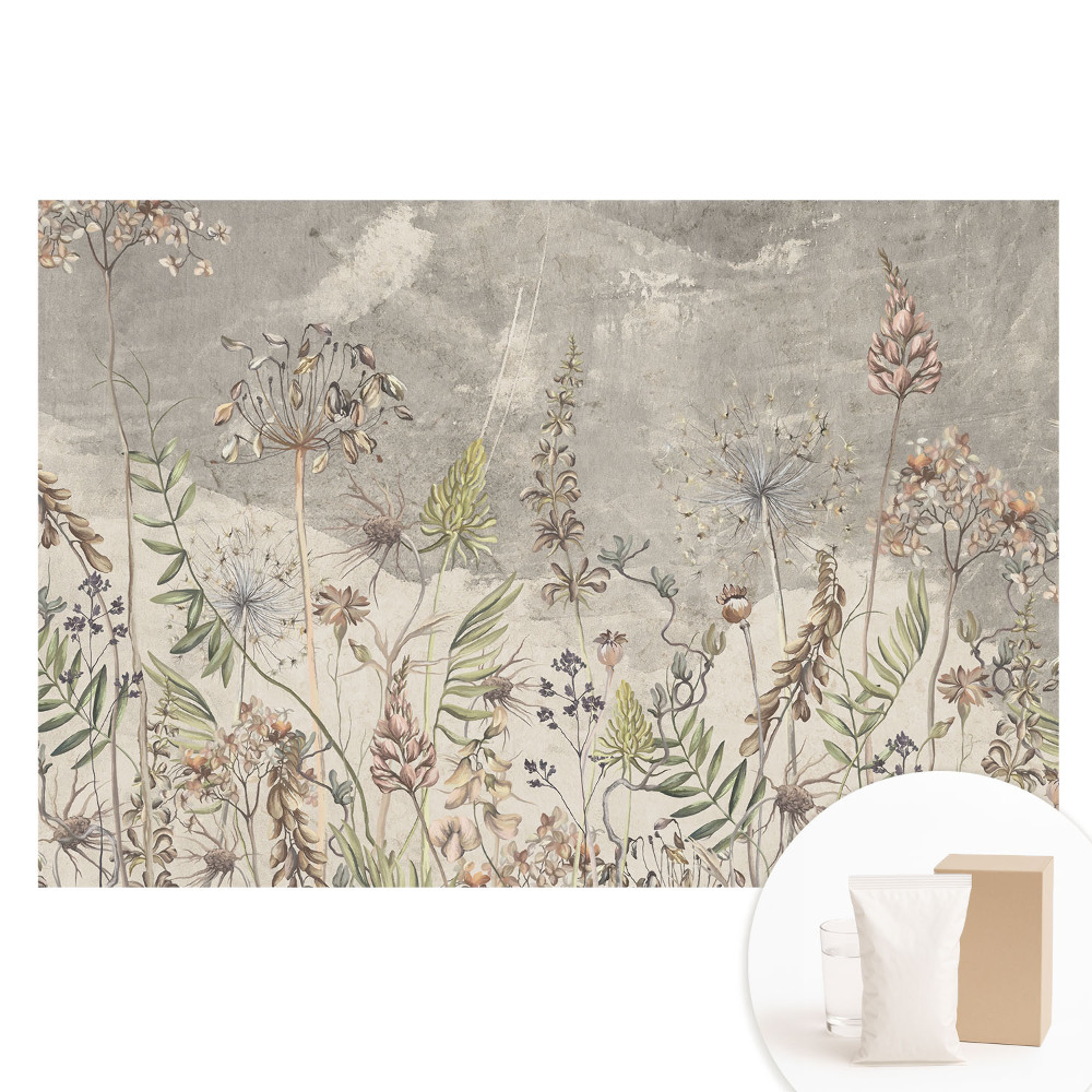 Papier peint panoramique intissé Fleurs rustiques sur fond gris