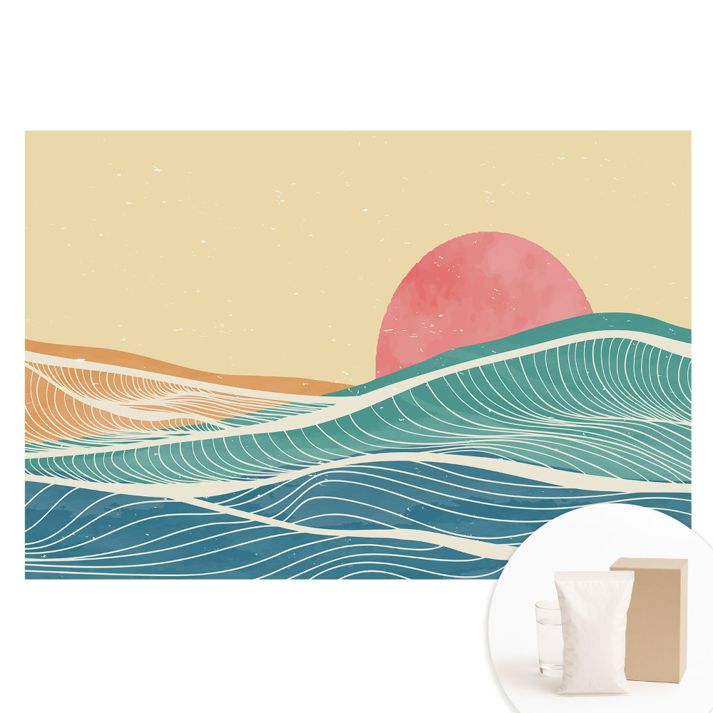 Papier peint photo sur tissu non tissé vagues et soleil rose abstrait