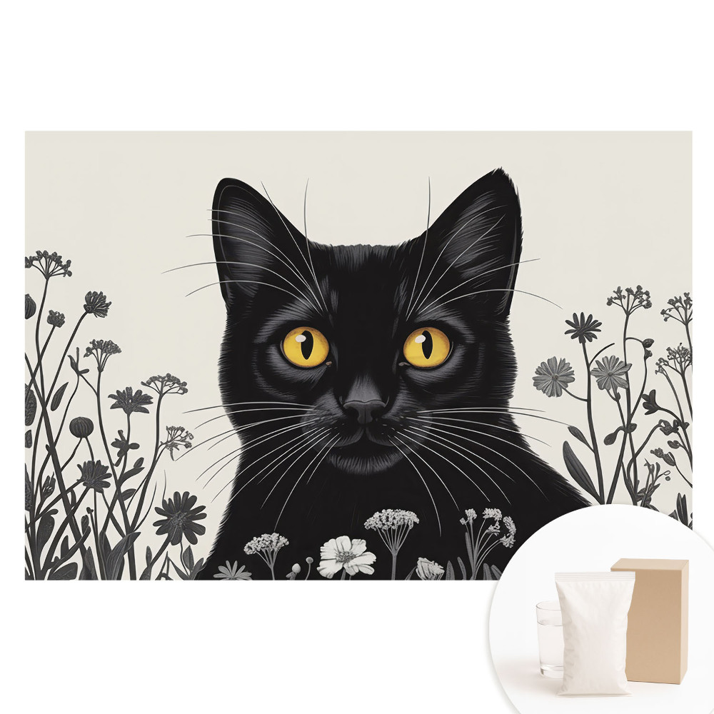 Papier peint panoramique sur intissé représentant un chat noir aux yeux jaunes parmi des fleurs