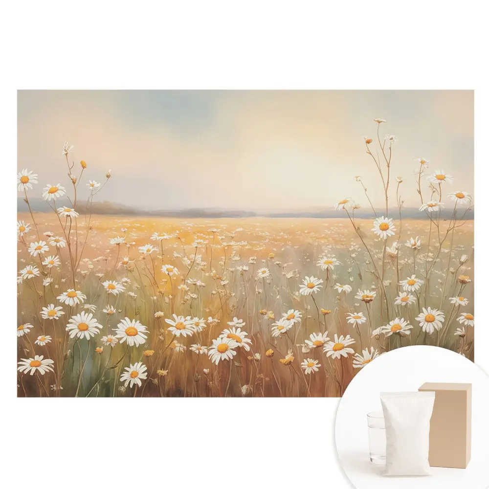 Papier peint panoramique intissé prairie de marguerites aux tons pastel romantiques