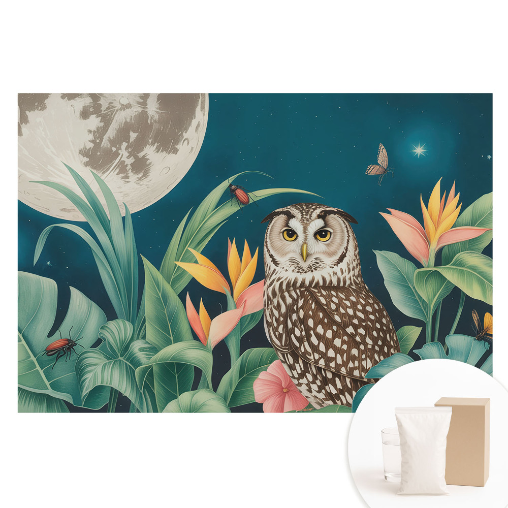 Papier peint photographique intissé Paysage nocturne avec une chouette et la lune