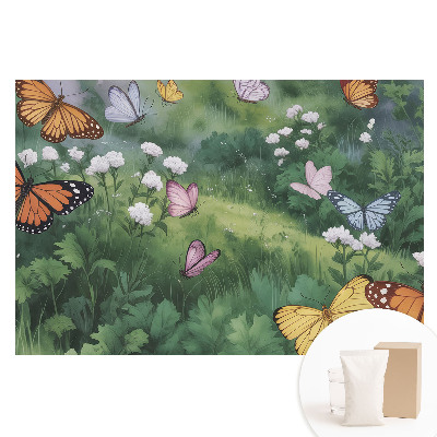 Papier peint photo sur tissu non tissé Des papillons multicolores survolent une prairie fleurie.