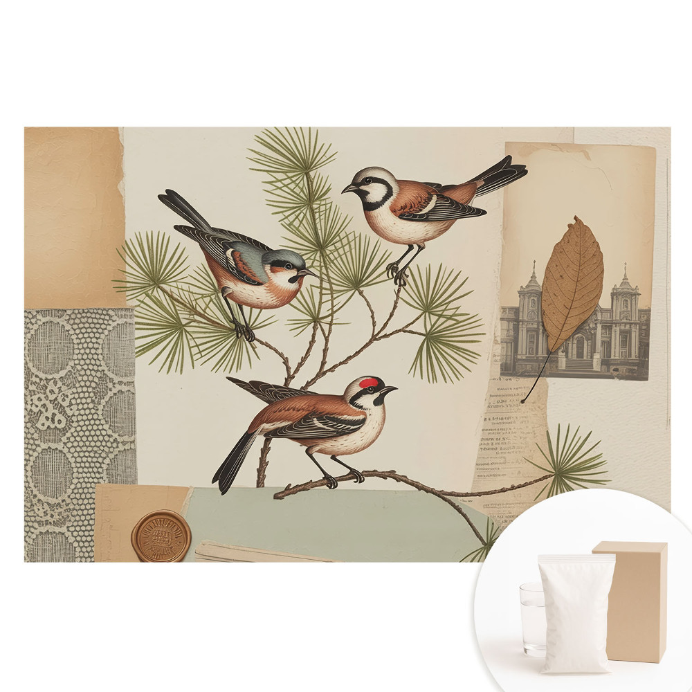 Papier peint intissé collage vintage d'oiseaux sur une branche
