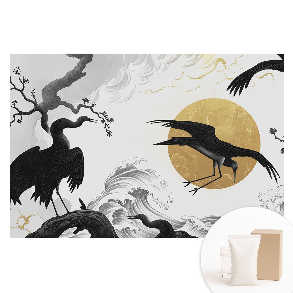 Papier peint photographique intissé Oiseaux et vagues minimalistes avec cercle