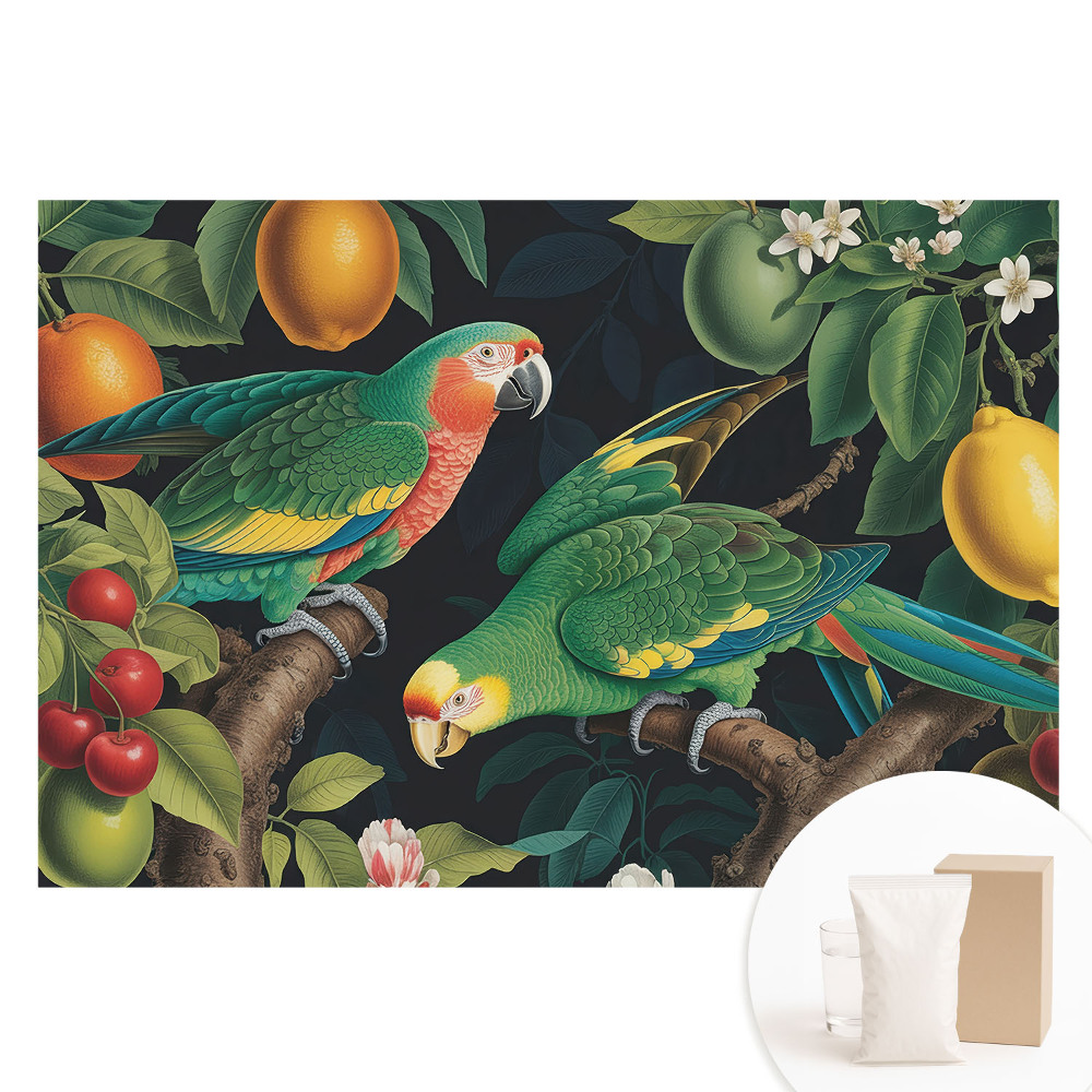 Papier peint panoramique intissé motif exotique avec perroquets et fruits