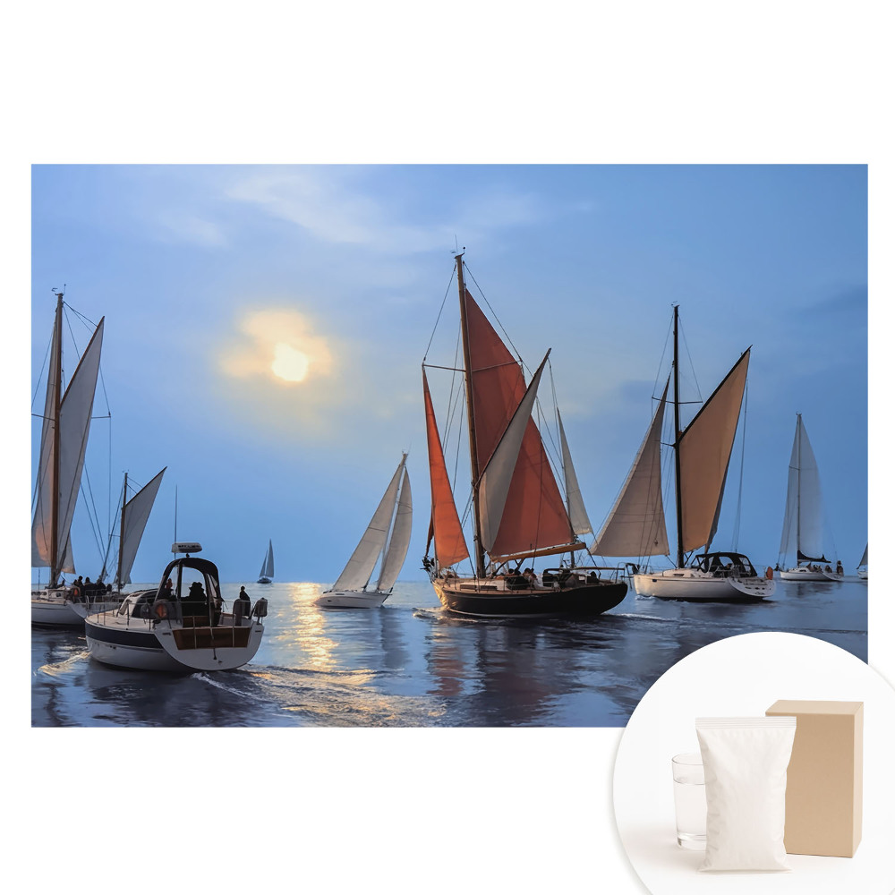 Papier peint panoramique intissé Yachts et coucher de soleil sur mer calme