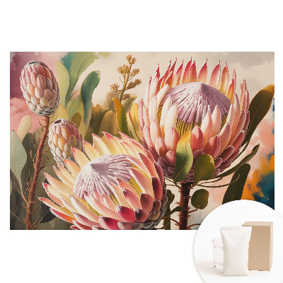 Papier peint panoramique intissé fleurs de protéa aux tons pastel