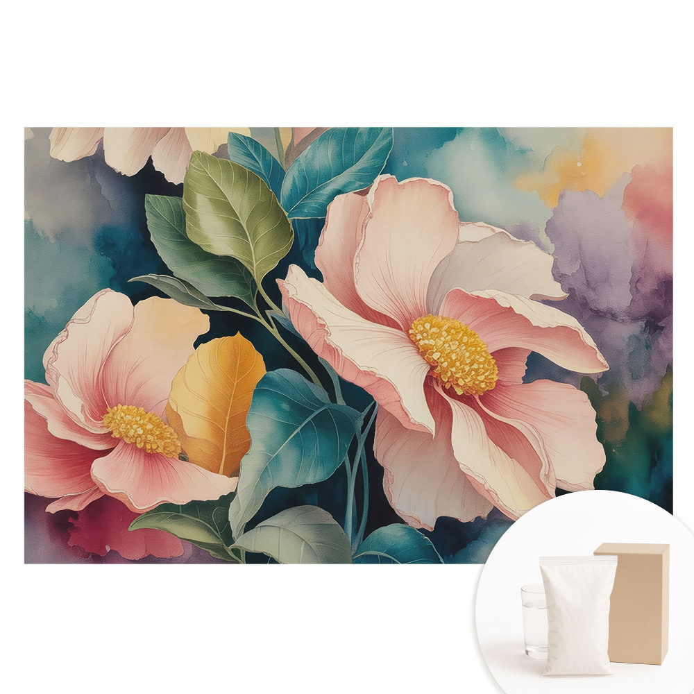 Papier peint photographique intissé Fleurs pastel avec des feuilles dans un style aquarelle