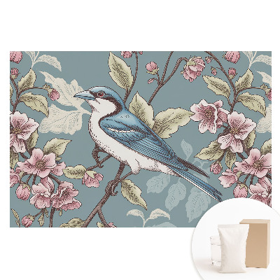 Papier peint panoramique intissé Motif oiseau et branches de cerisier en fleurs