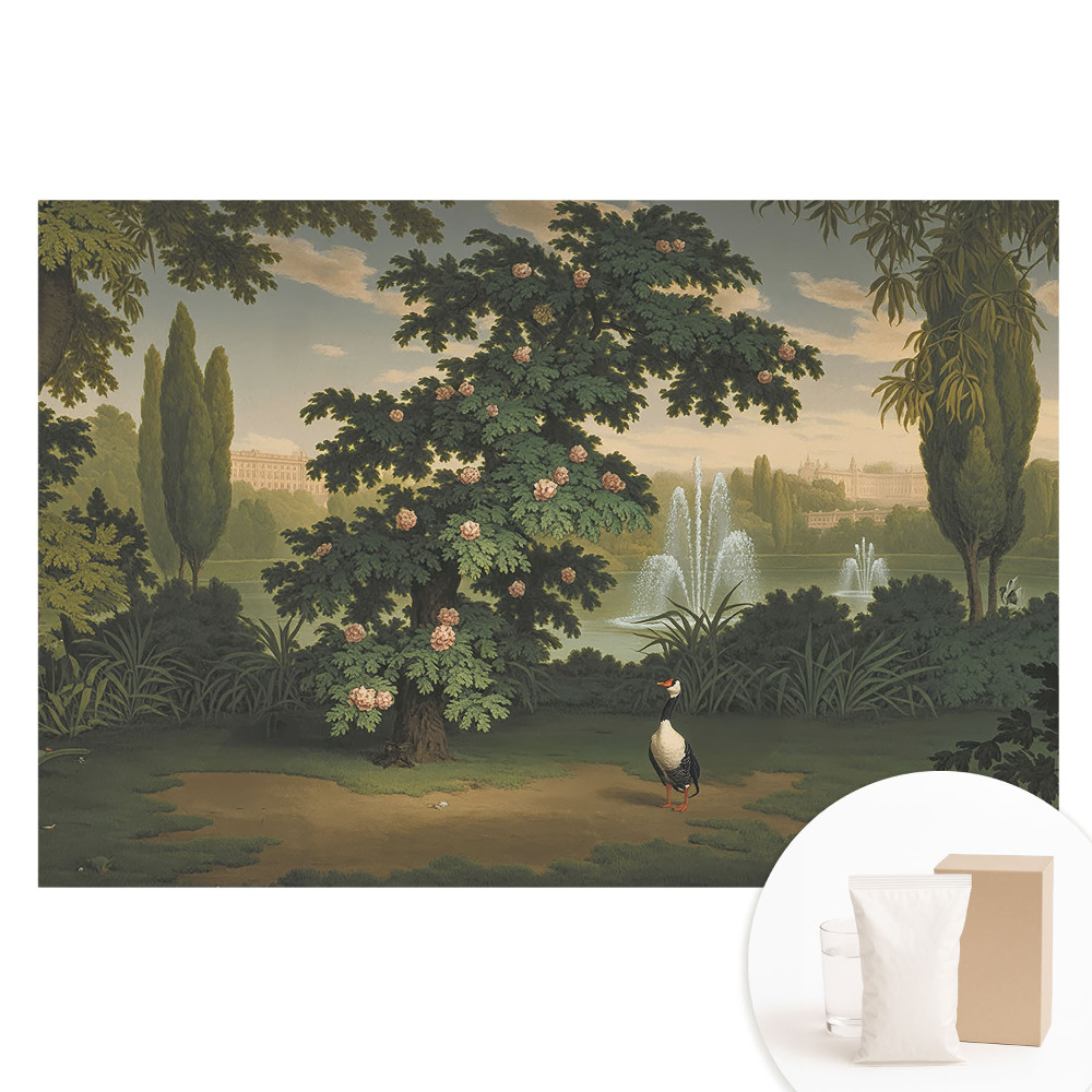 Papier peint intissé photographique jardin pittoresque avec arbre et oiseau