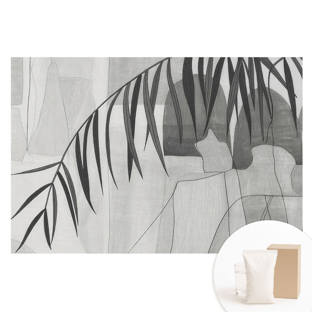 Papier peint panoramique intissé à motifs géométriques et feuilles de palmier gris