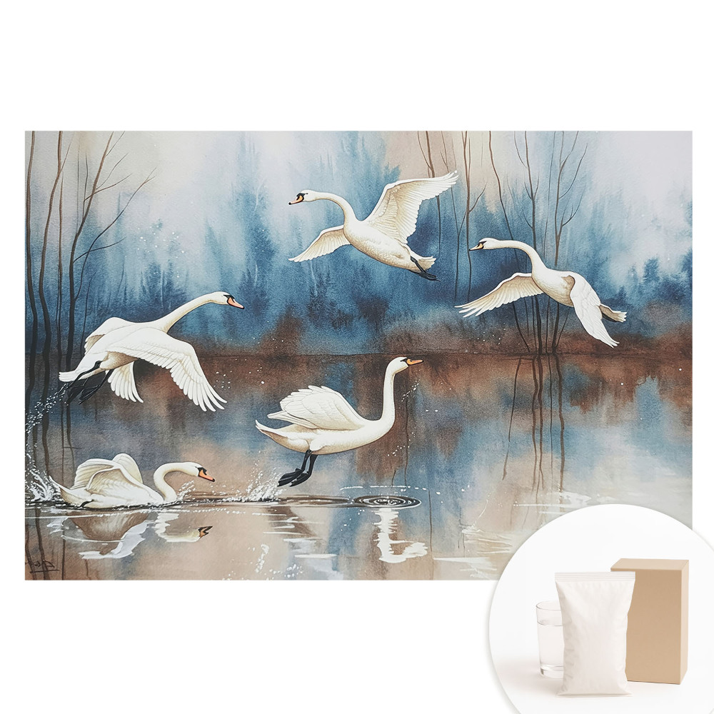 Papier peint photographique sur tissu non tissé Des cygnes sur un lac dans une forêt brumeuse