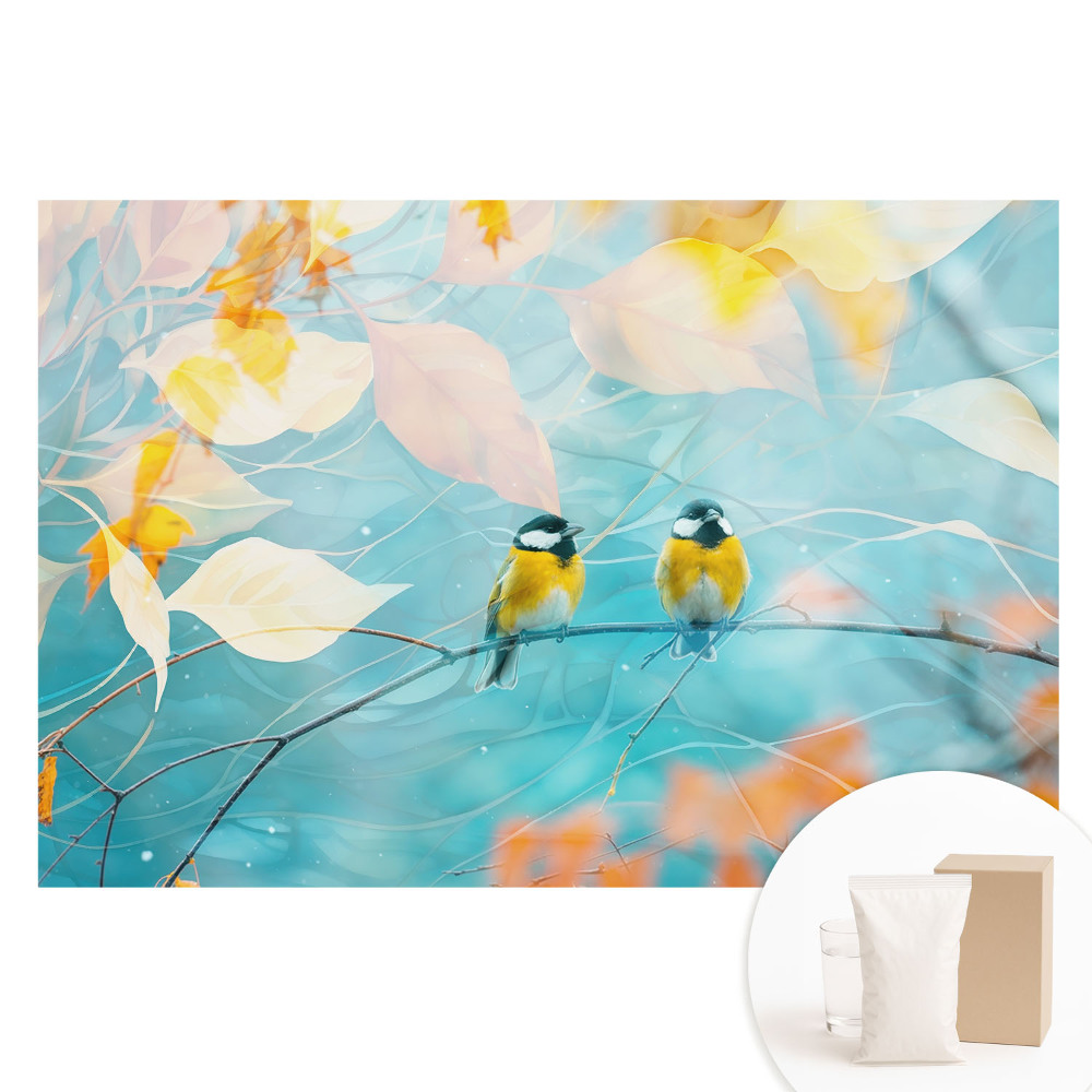 Papier peint photographique sur tissu non tissé Oiseaux sur une branche avec des touches de feuillage.