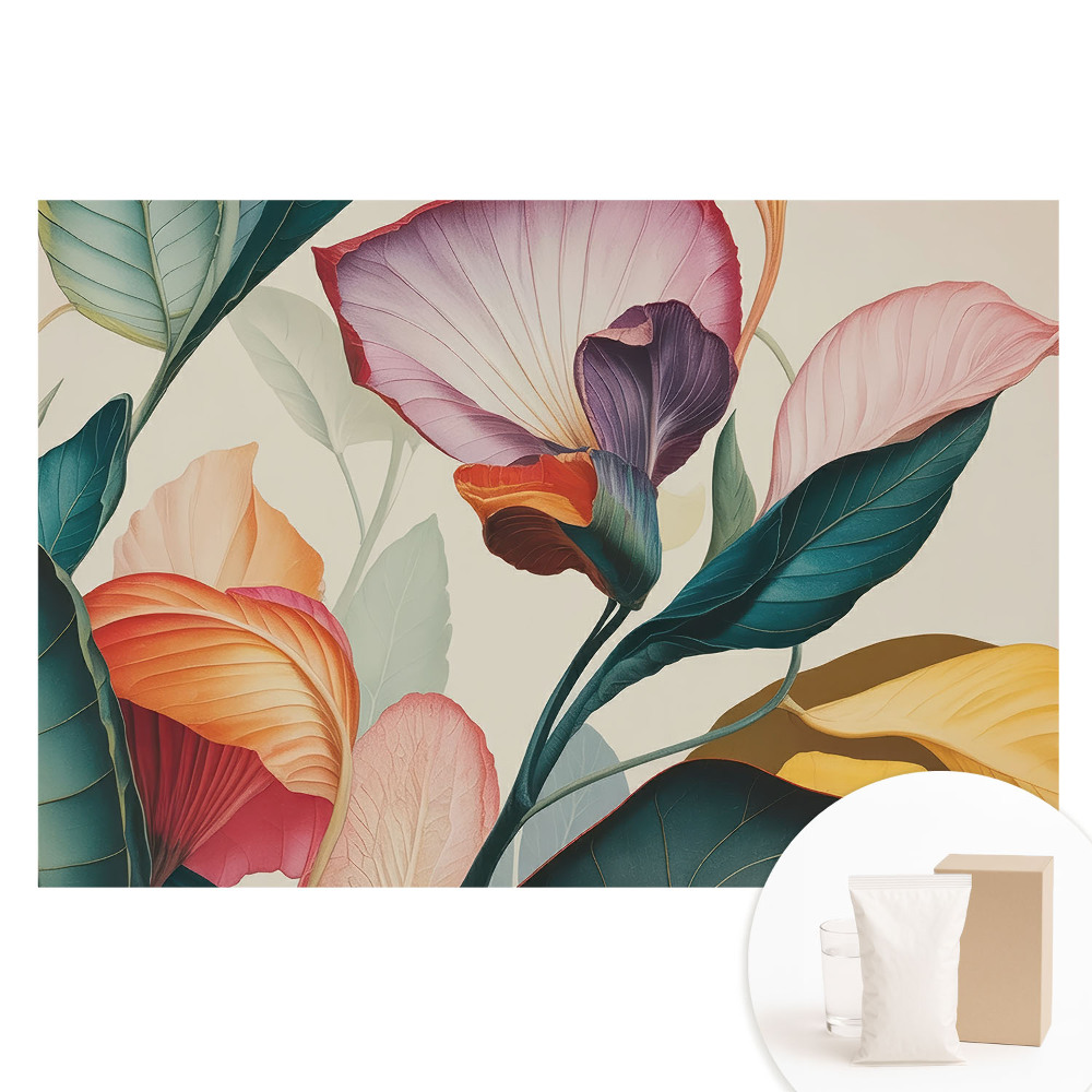 Papier peint intissé motif composition florale de feuilles et de fleurs colorées