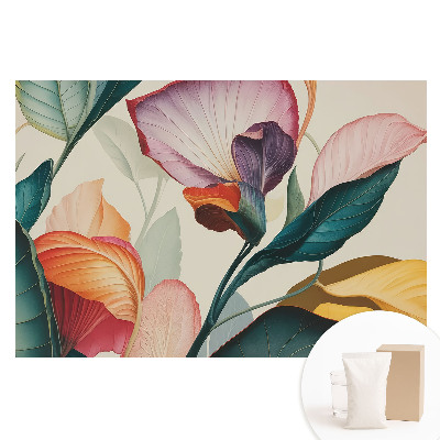 Papier peint intissé motif composition florale de feuilles et de fleurs colorées