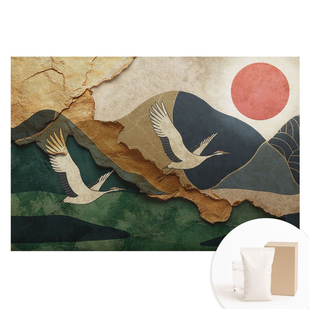 Papier peint photographique sur tissu non tissé Grues et soleil rouge, paysages pittoresques