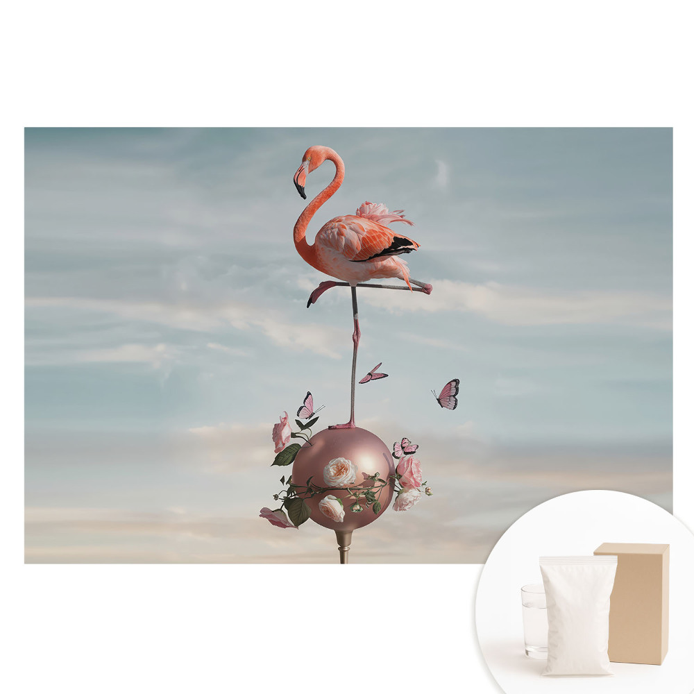 Papier peint photo sur tissu non tissé Flamant rose avec des fleurs et des papillons