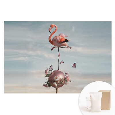 Papier peint photo sur tissu non tissé Flamant rose avec des fleurs et des papillons