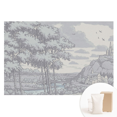 Papier peint intissé imprimé Château, forêt, rivière, illustration classique