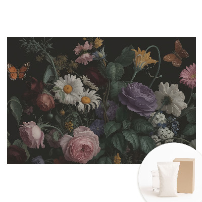 Papier peint photo imprimé sur tissu non tissé Bouquet de fleurs avec des papillons sur fond sombre