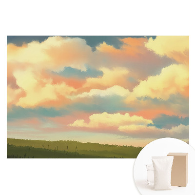 Papier peint intissé imprimé motif prairie avec nuages pastel