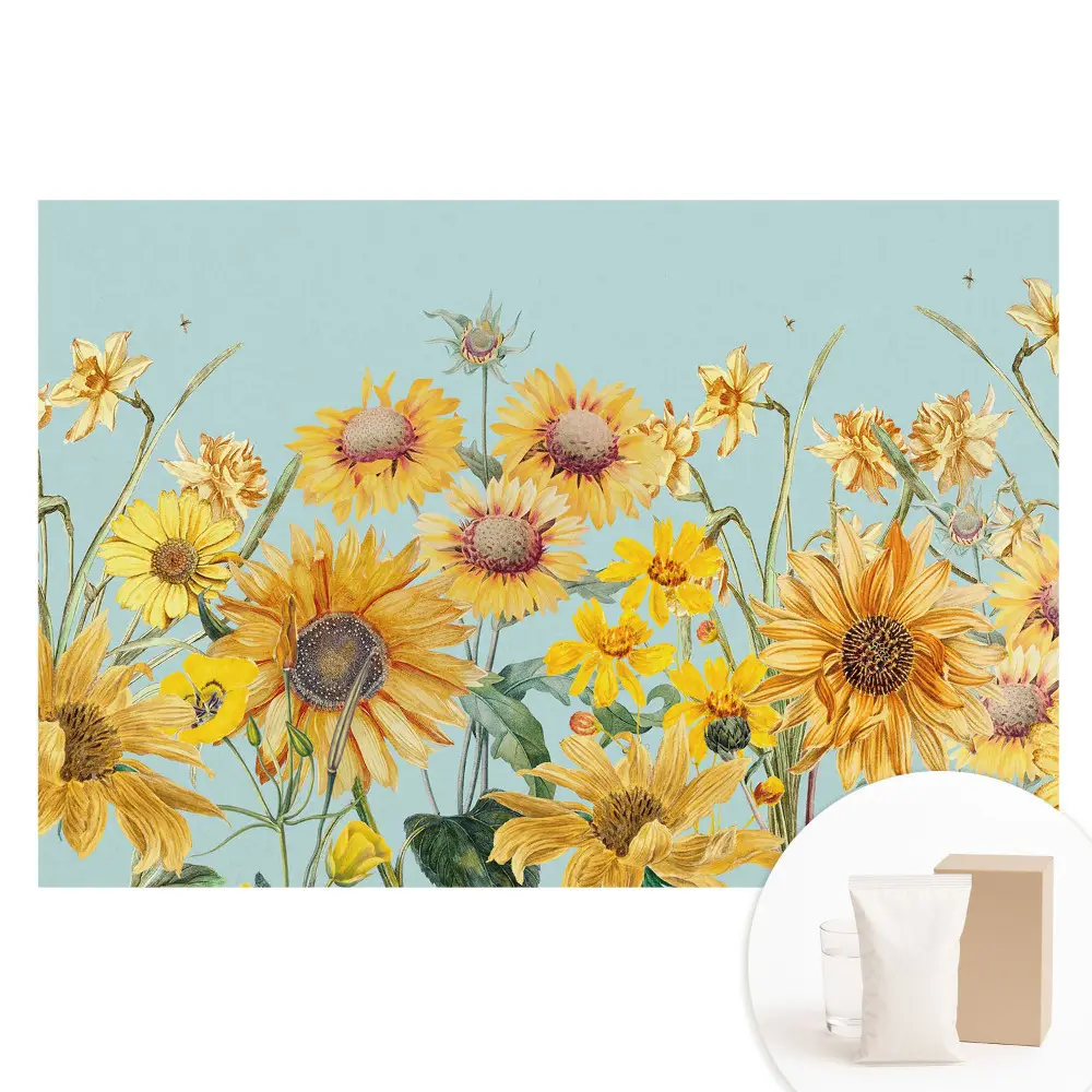Papier peint photo grand format Tournesols et fleurs rustiques sur fond bleu