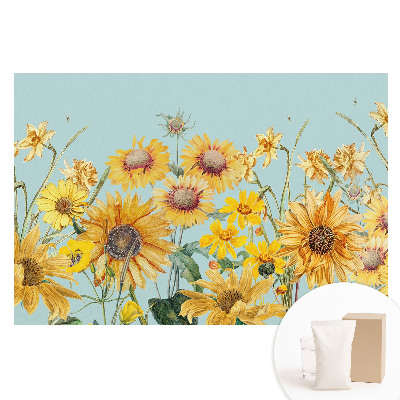 Papier peint photo grand format Tournesols et fleurs rustiques sur fond bleu