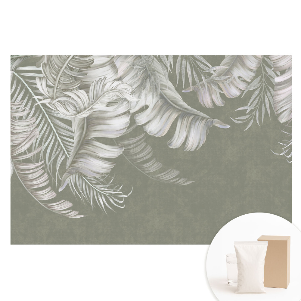 Papier peint photo sur tissu non tissé Feuilles tropicales subtiles sur fond gris