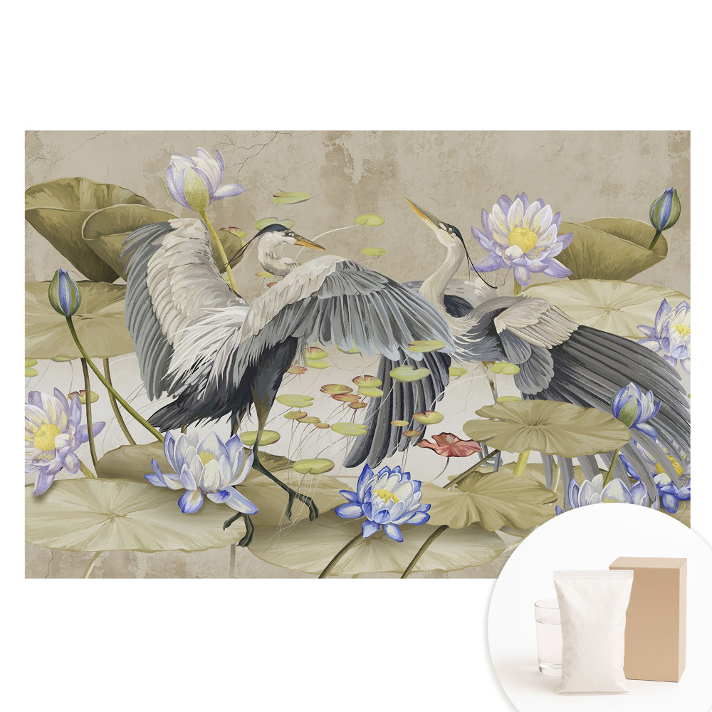 Papier peint intissé imprimé Grues autour de nénuphars dans un style classique