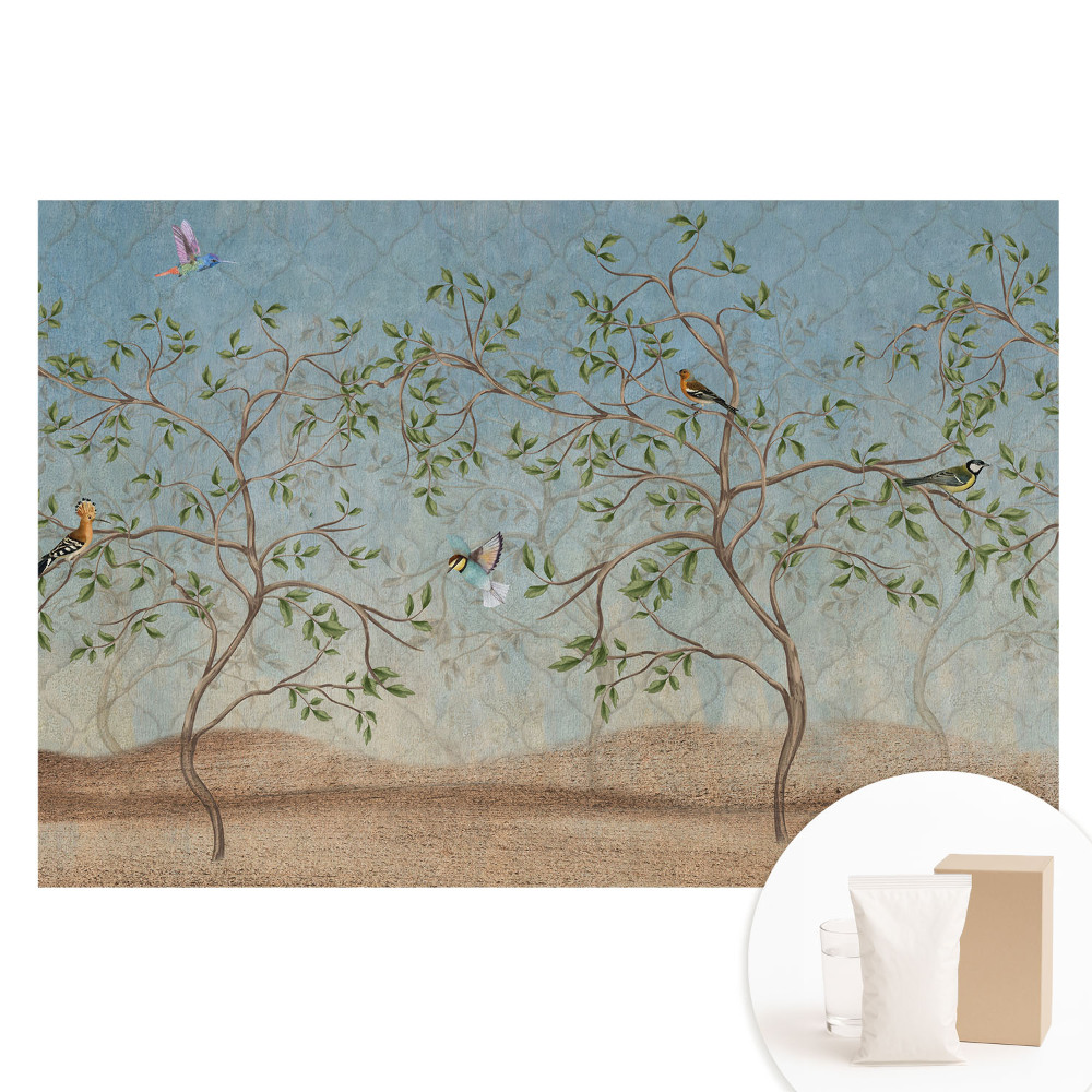 Papier peint photographique intissé Des oiseaux colorés sur un arbre dans une atmosphère feutrée